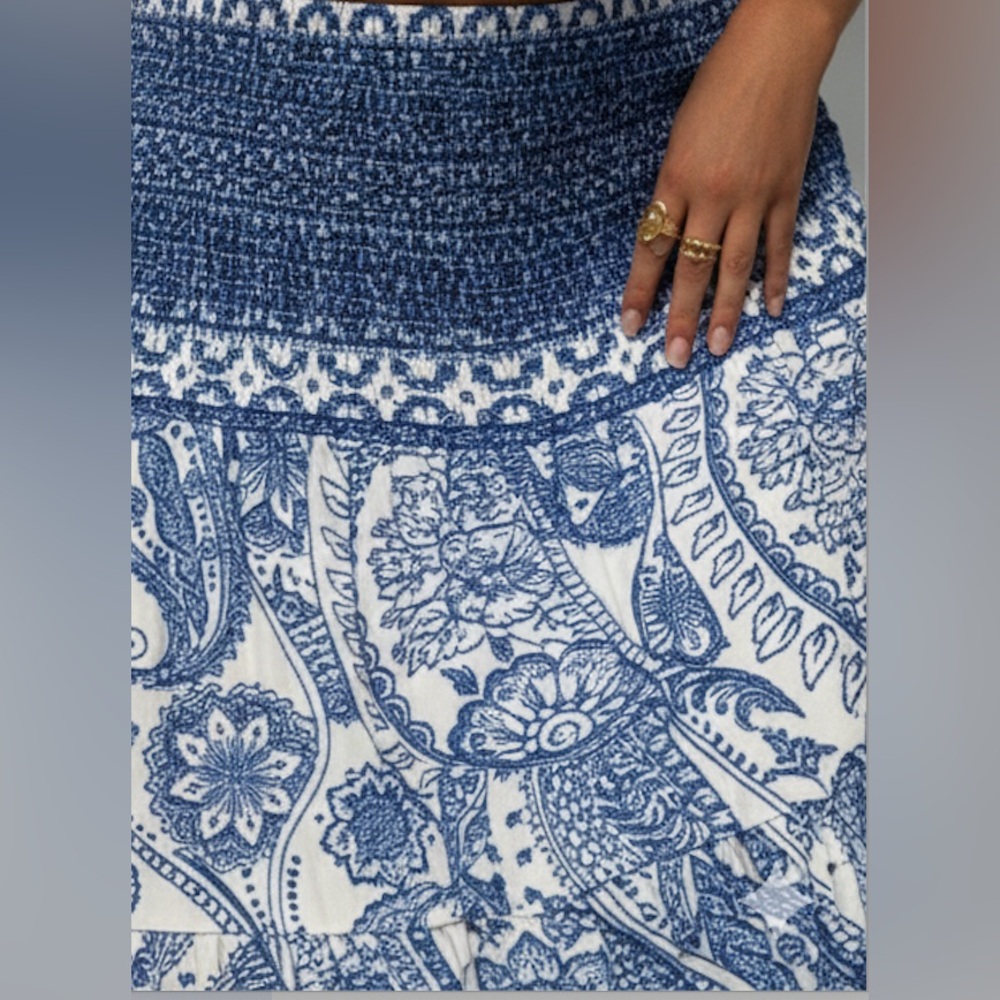 Bohemian Print Long Flared Shirred Skirt Blue - Picture 3 of 10